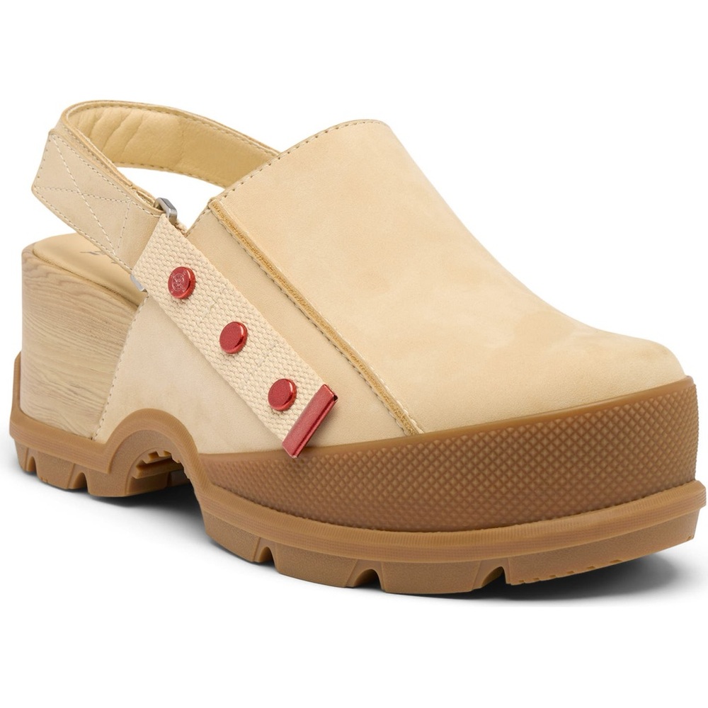 NWOT Sorel Roam’n RBR Platform Clogs, Slingback Mule, Tan with Red Buttons